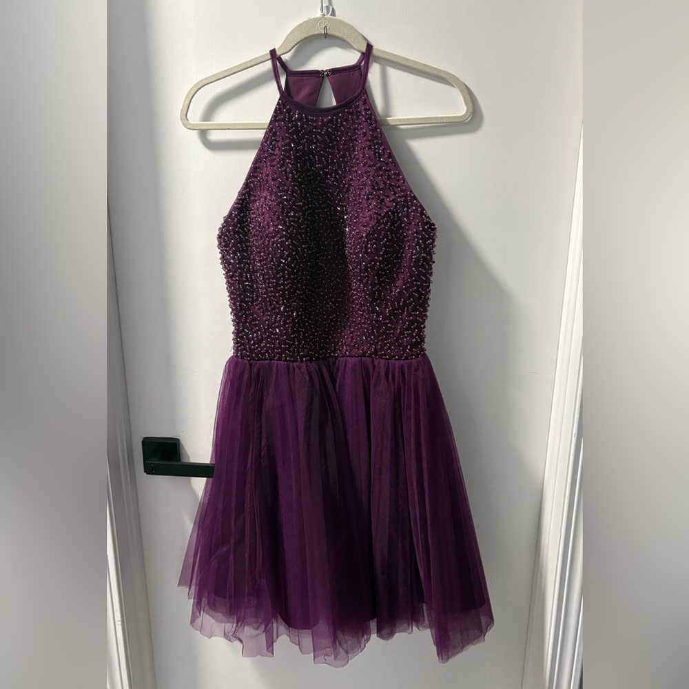 Purple Beaded Short Halter Tulle Dress